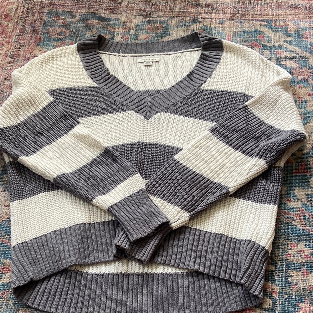American Eagle Outfitters Gray and Cream Blouse with Argyle Pattern
